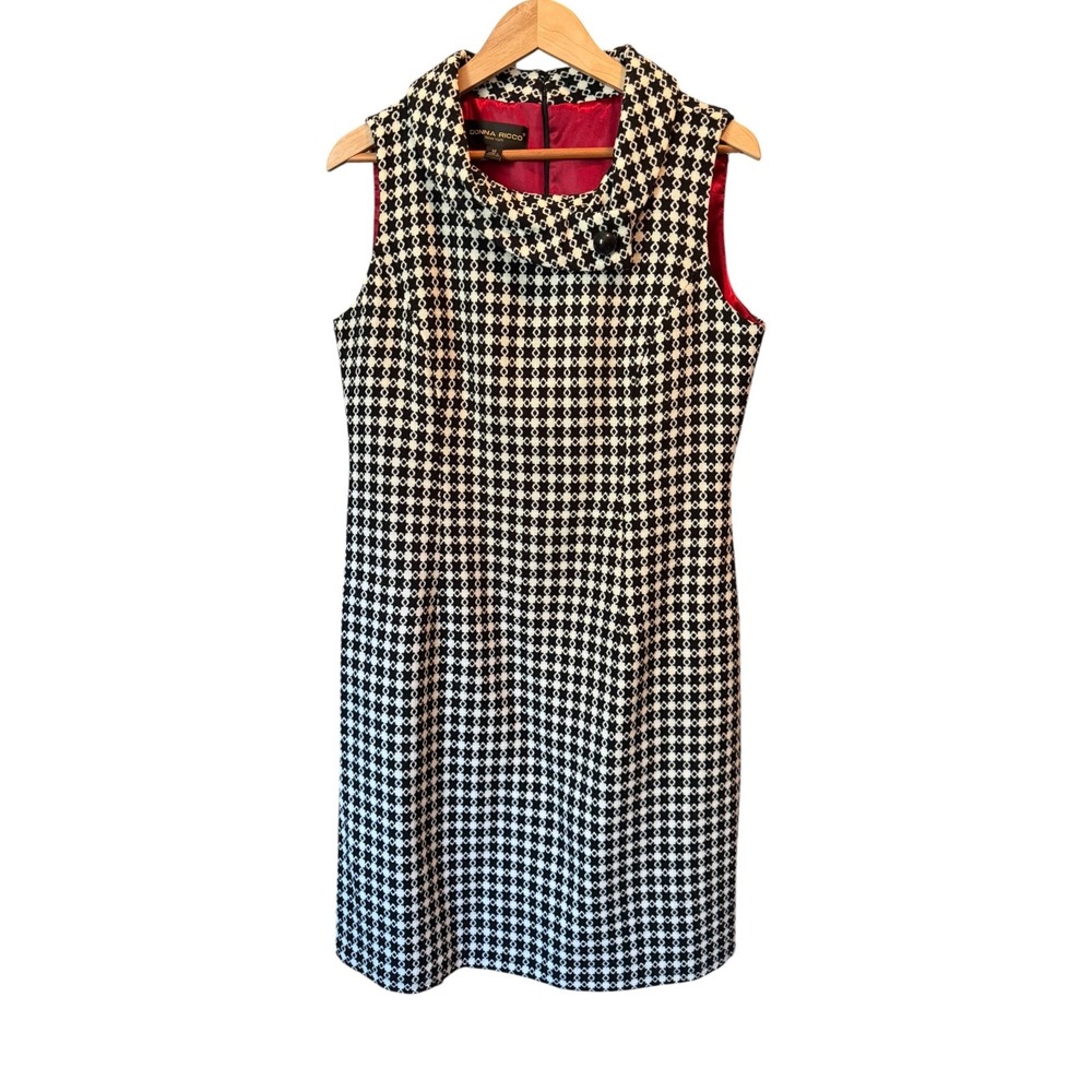 Donna Ricco Womens Sheath Dress Black White Geometric Cowl Neck Size 14 Retro